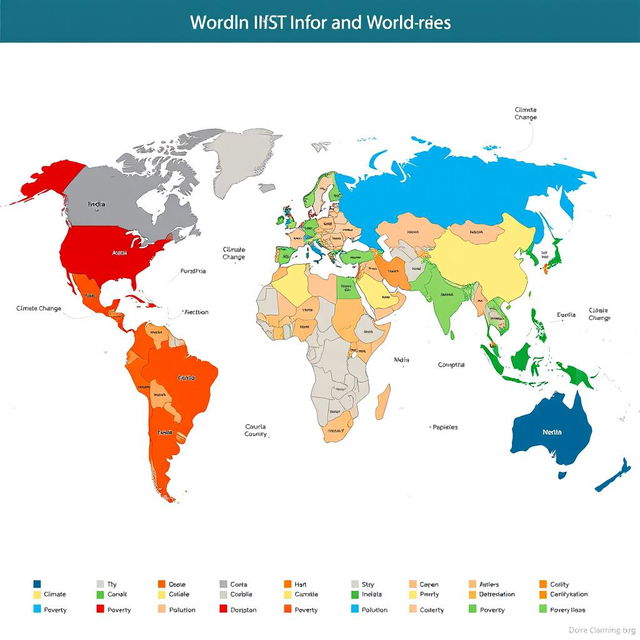 A detailed and informative world map showcasing the major regions affected by key global issues such as climate change, deforestation, pollution, and poverty