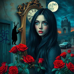 A beautiful and stunning girl with long, dangerous black hair and piercing blue eyes, set in a psychedelic Salvador Dali-inspired dreamlike world