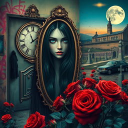 A beautiful and stunning girl with long, dangerous black hair and piercing blue eyes, set in a psychedelic Salvador Dali-inspired dreamlike world