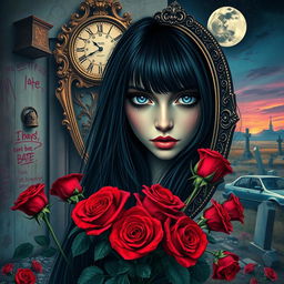 A beautiful and stunning girl with long, dangerous black hair and piercing blue eyes, set in a psychedelic Salvador Dali-inspired dreamlike world