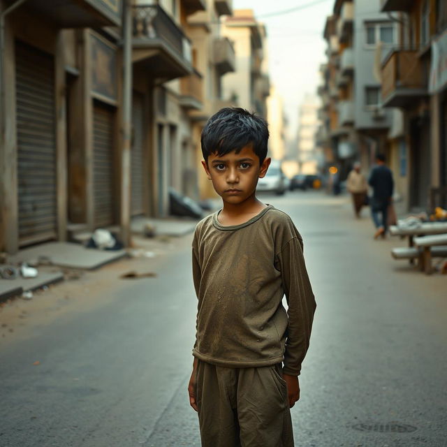 A poignant scene of a young Palestinian boy standing alone in the streets, surrounded by a backdrop of urban architecture typical of Palestinian towns