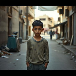A poignant scene of a young Palestinian boy standing alone in the streets, surrounded by a backdrop of urban architecture typical of Palestinian towns