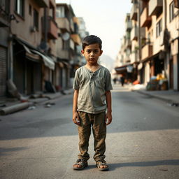 A poignant scene of a young Palestinian boy standing alone in the streets, surrounded by a backdrop of urban architecture typical of Palestinian towns