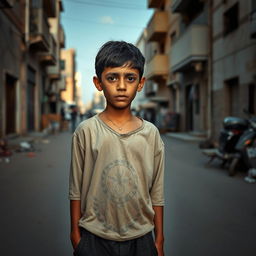 A poignant scene of a young Palestinian boy standing alone in the streets, surrounded by a backdrop of urban architecture typical of Palestinian towns