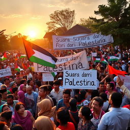 A vibrant scene depicting a large gathering of diverse people in a public space, showcasing a lively demonstration filled with banners and signs that read "Suara dari Palestina"
