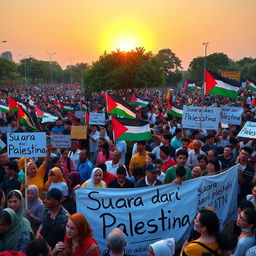 A vibrant scene depicting a large gathering of diverse people in a public space, showcasing a lively demonstration filled with banners and signs that read "Suara dari Palestina"