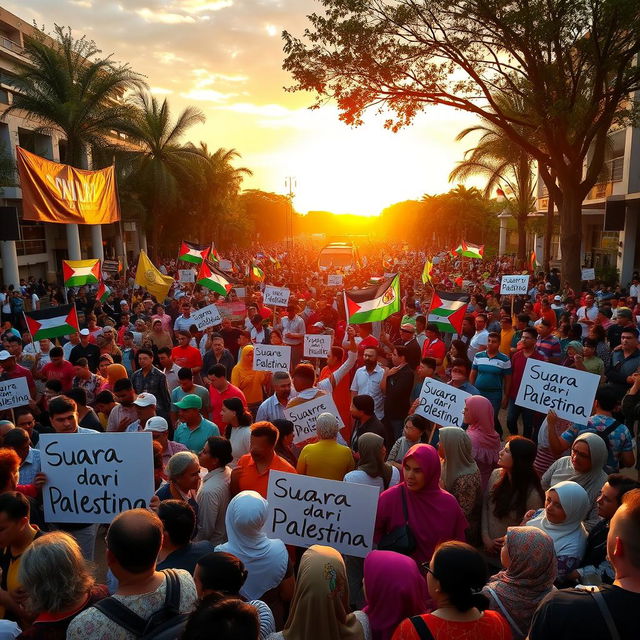 A vibrant scene depicting a large gathering of diverse people in a public space, showcasing a lively demonstration filled with banners and signs that read "Suara dari Palestina"