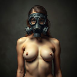 A hot slim naked girl with big breasts wearing a gas mask, creating a bold visual of sensuality and intrigue