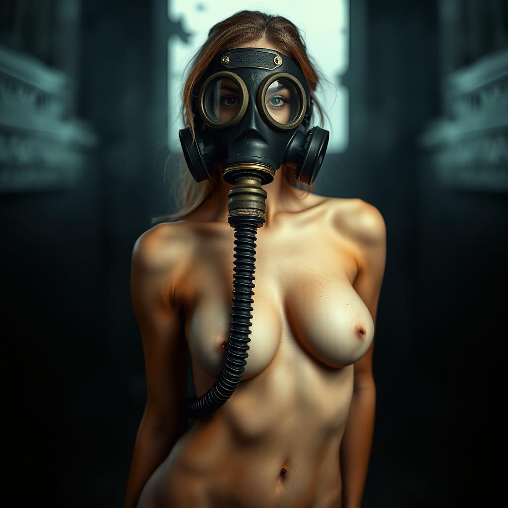 A hot slim naked girl with big breasts wearing a gas mask, creating a bold visual of sensuality and intrigue