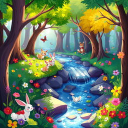 A vibrant and colorful 2D illustration of a fantasy forest, filled with whimsical trees, vivid flowers, and enchanting creatures
