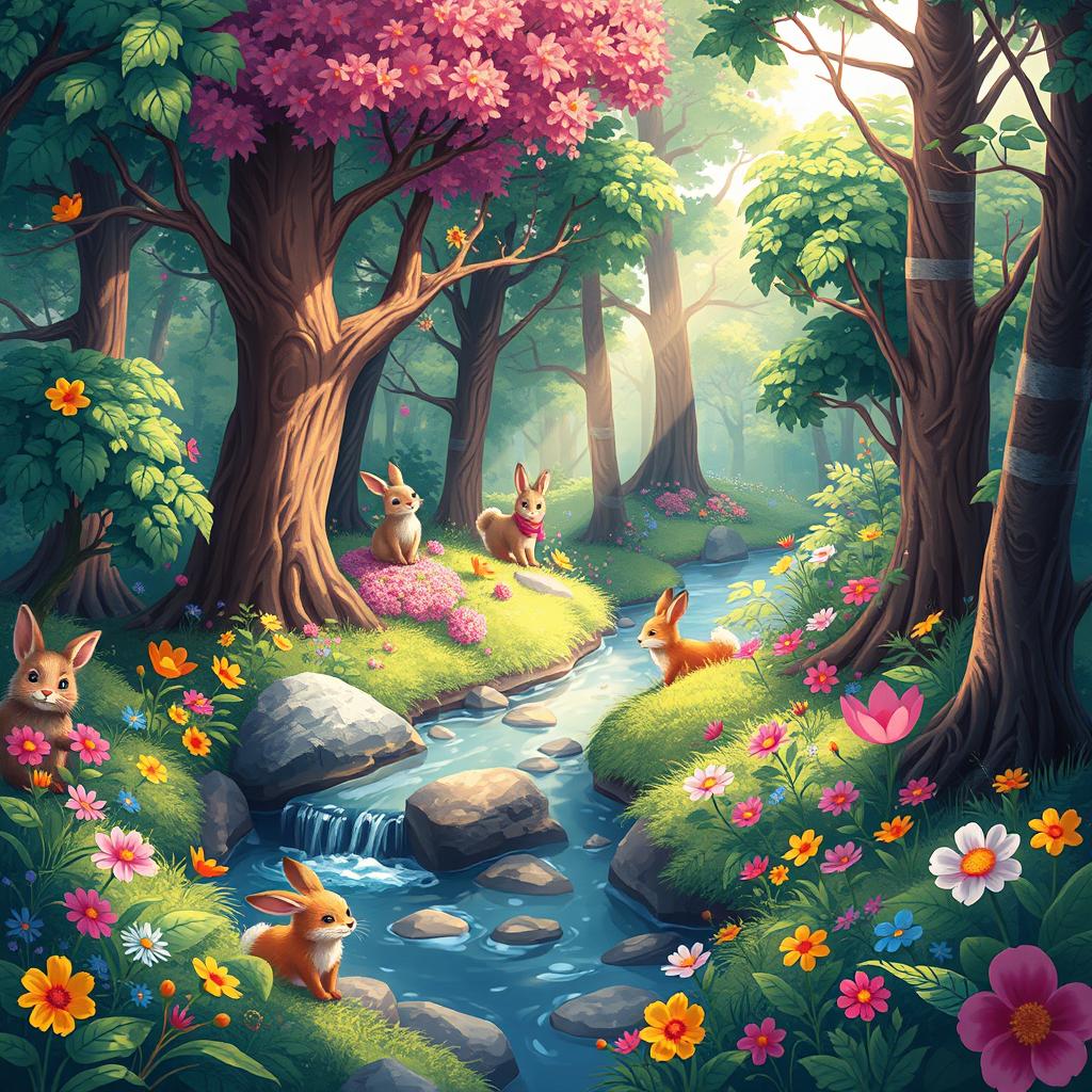 A vibrant and colorful 2D illustration of a fantasy forest, filled with whimsical trees, vivid flowers, and enchanting creatures