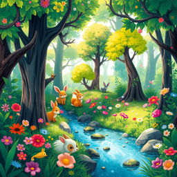 A vibrant and colorful 2D illustration of a fantasy forest, filled with whimsical trees, vivid flowers, and enchanting creatures
