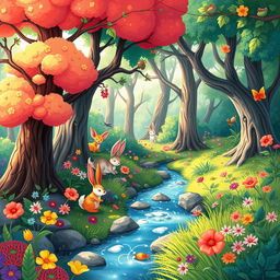 A vibrant and colorful 2D illustration of a fantasy forest, filled with whimsical trees, vivid flowers, and enchanting creatures