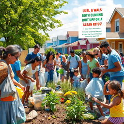An emotional and inspiring scene showing a diverse group of people of various ages and backgrounds actively participating in a community clean-up in a vibrant neighborhood