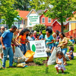 An emotional and inspiring scene showing a diverse group of people of various ages and backgrounds actively participating in a community clean-up in a vibrant neighborhood