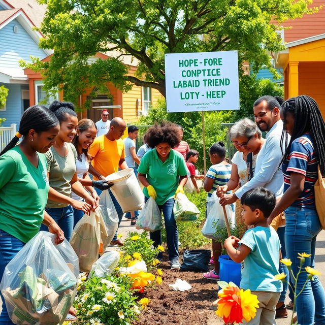 An emotional and inspiring scene showing a diverse group of people of various ages and backgrounds actively participating in a community clean-up in a vibrant neighborhood