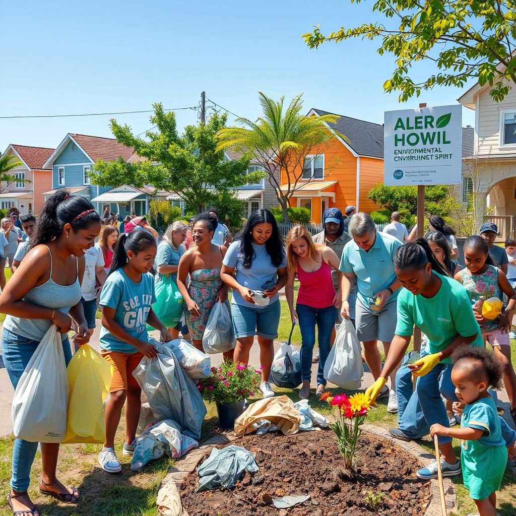 An emotional and inspiring scene showing a diverse group of people of various ages and backgrounds actively participating in a community clean-up in a vibrant neighborhood