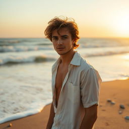 A cinematic scene depicting a young man standing on a sandy beach, with waves gently crashing in the background