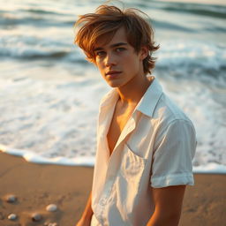 A cinematic scene depicting a young man standing on a sandy beach, with waves gently crashing in the background