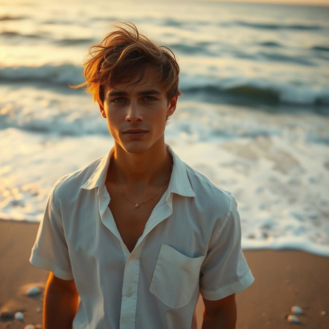 A cinematic scene depicting a young man standing on a sandy beach, with waves gently crashing in the background