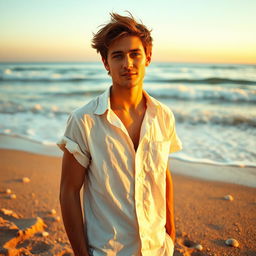 A cinematic scene depicting a young man standing on a sandy beach, with waves gently crashing in the background