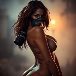 A hot slim naked girl with big breasts wearing a gas mask, posing confidently in a captivating manner
