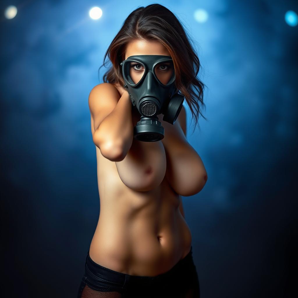A hot slim naked girl with big breasts wearing a gas mask, posing confidently in a captivating manner