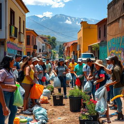 An emotional and inspiring scene depicting a diverse group of people in a Bogotá neighborhood, actively participating in a community clean-up