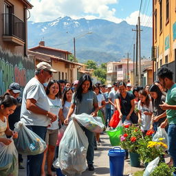 An emotional and inspiring scene depicting a diverse group of people in a Bogotá neighborhood, actively participating in a community clean-up