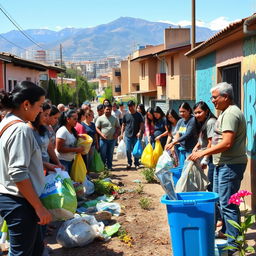 An emotional and inspiring scene depicting a diverse group of people in a Bogotá neighborhood, actively participating in a community clean-up