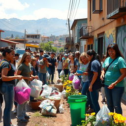 An emotional and inspiring scene depicting a diverse group of people in a Bogotá neighborhood, actively participating in a community clean-up