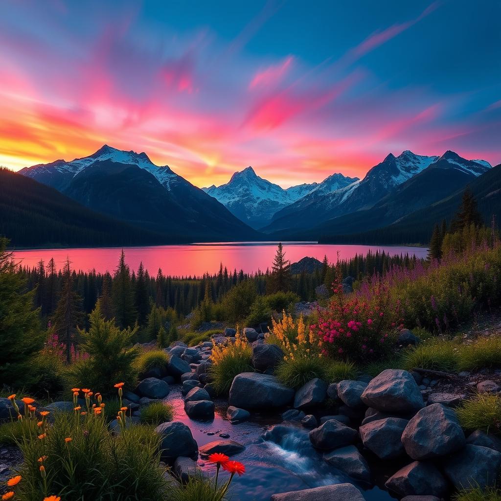 A breathtaking mountain landscape during twilight, showcasing majestic snow-capped peaks under a vividly colored sky with hues of pink, purple, and orange as the sun sets