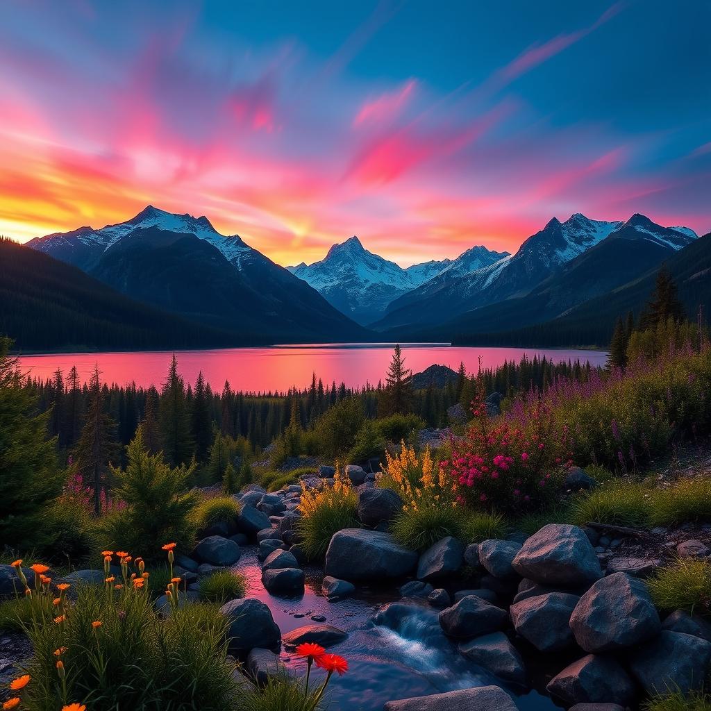 A breathtaking mountain landscape during twilight, showcasing majestic snow-capped peaks under a vividly colored sky with hues of pink, purple, and orange as the sun sets