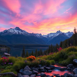 A breathtaking mountain landscape during twilight, showcasing majestic snow-capped peaks under a vividly colored sky with hues of pink, purple, and orange as the sun sets