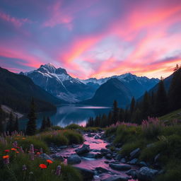 A breathtaking mountain landscape during twilight, showcasing majestic snow-capped peaks under a vividly colored sky with hues of pink, purple, and orange as the sun sets
