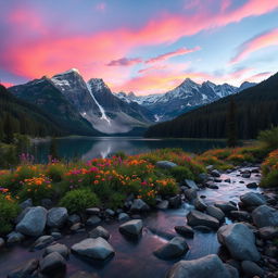 A breathtaking mountain landscape during twilight, showcasing majestic snow-capped peaks under a vividly colored sky with hues of pink, purple, and orange as the sun sets