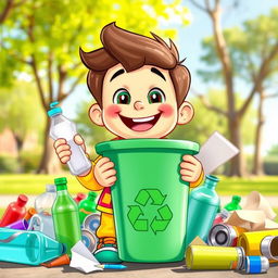 A cheerful animated character, resembling a young boy, actively engaged in recycling