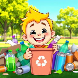 A cheerful animated character, resembling a young boy, actively engaged in recycling