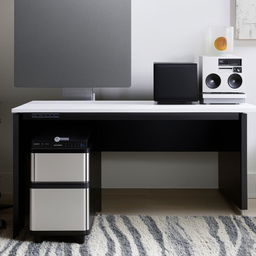 A sleek computer desk equipped with a CPU unit, modern home theater system, DVD player, and a set of drawers.