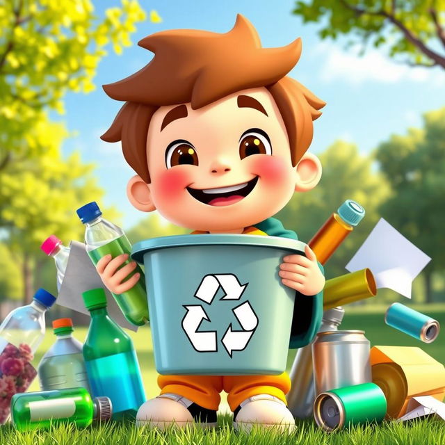 A cheerful animated character, resembling a young boy, actively engaged in recycling