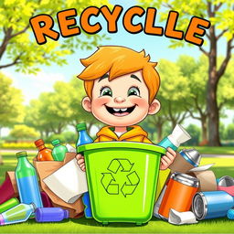 A cheerful animated character, resembling a young boy, actively engaged in recycling