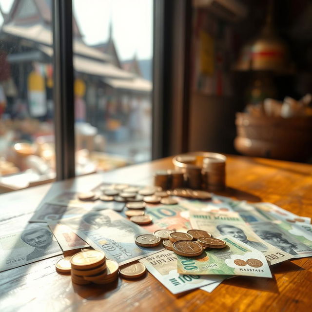 A creative representation of money, featuring an assortment of Thai banknotes and coins spread out on a wooden table