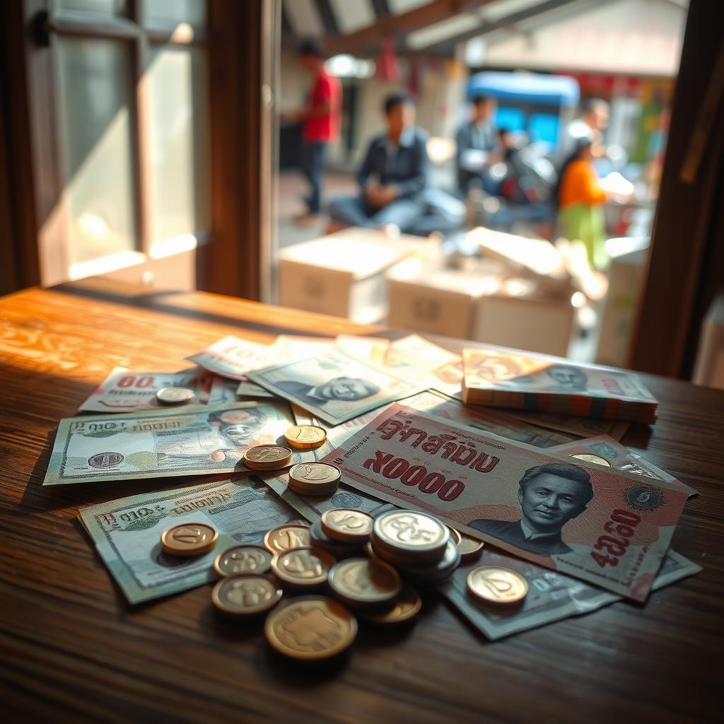 A creative representation of money, featuring an assortment of Thai banknotes and coins spread out on a wooden table