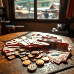 A creative representation of money, featuring an assortment of Thai banknotes and coins spread out on a wooden table