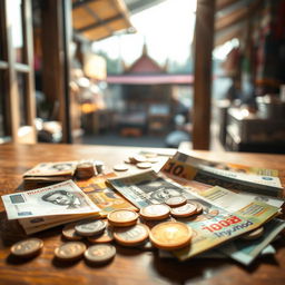 A creative representation of money, featuring an assortment of Thai banknotes and coins spread out on a wooden table
