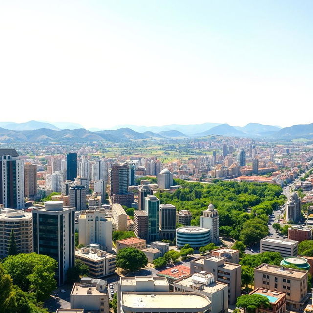 A wide-angle photograph capturing a vibrant area of Lima, showcasing a multitude of modern buildings against a backdrop of lush greenery and high natural wealth