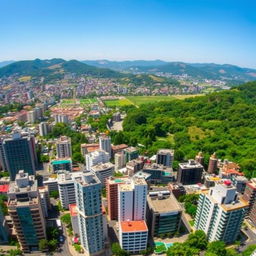 A wide-angle photograph capturing a vibrant area of Lima, showcasing a multitude of modern buildings against a backdrop of lush greenery and high natural wealth