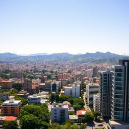 A wide-angle photograph capturing a vibrant area of Lima, showcasing a multitude of modern buildings against a backdrop of lush greenery and high natural wealth