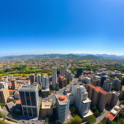 A wide-angle photograph capturing a vibrant area of Lima, showcasing a multitude of modern buildings against a backdrop of lush greenery and high natural wealth