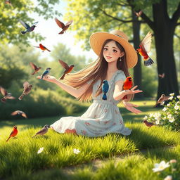 A serene and whimsical scene featuring a teenage girl enjoying a sunny day in a picturesque park, surrounded by various colorful birds